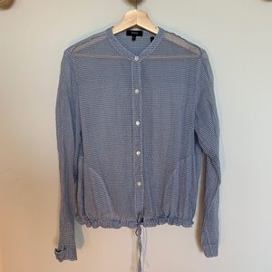 Theory Blue and White Checkered Blouse with Tie Waist